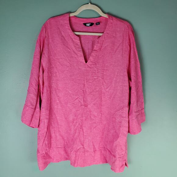Lands End Womens Pink Split Neck Linen Blend 3/4 Sleeve Tunic Top Size XL - Picture 1 of 6